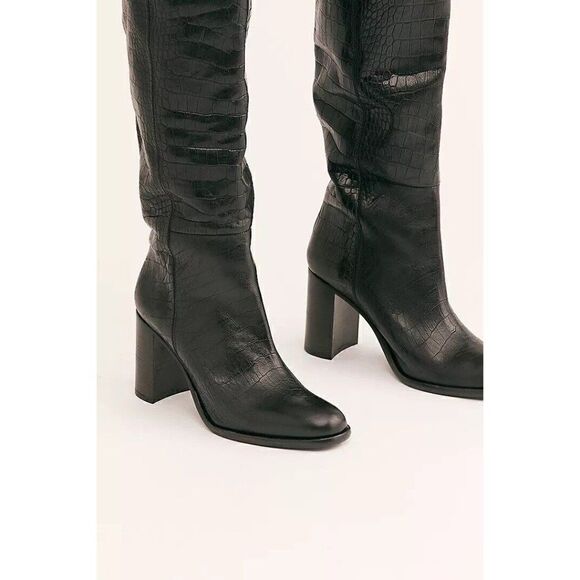 NEW FREE PEOPLE GRAYSON TALL BOOTS IN BLACK CROC LEATHER - Picture 3 of 5